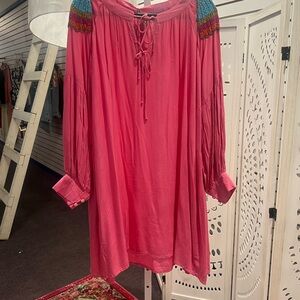 Pink Boho Tunic Dress with Embroidered Shoulders